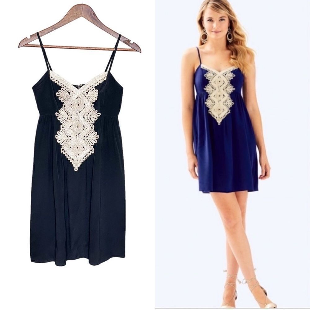 Lily Pulitzer Silk Mini Dress Kelsea Embroidered Black Gold Size 00